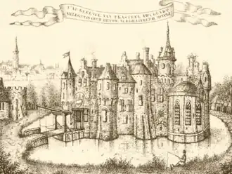 Mogelijk een fantasie afbeelding (?) voorstellende het kasteel in 1360 met op de achtergrond Gendt.