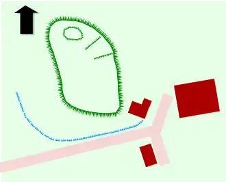 De motteheuvel, voorburcht en gracht zijn nog deels zichtbaar in het landschap.