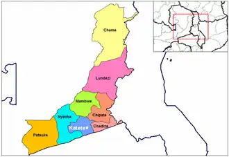 De districten van de provincie Easters. De aanval gebeurde in het district Katete.