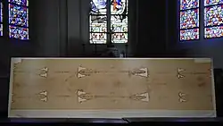 Kopie van de lijkwade van Turijn in de kathedraal