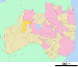 Kaart van Fukushima met het district Kawanuma gemarkeerd