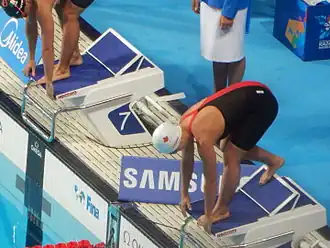 Thomas op het startblok (WK 2015, Kazan)