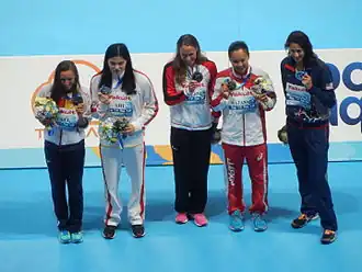 Shi Jinglin (tweede van links) tijdens de wereldkampioenschappen 2015