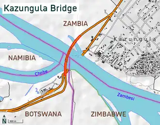 Detailkaart van de Kazungulabrug tussen Botswana en Zambia in een boogligging zodat deze de grenzen van Namibië en Zimbabwe vermijdt.