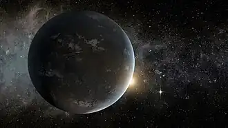 de planeet Kepler 62f met op de achtergrond de ster Kepler 62.