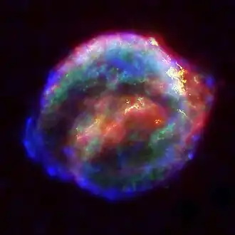 Supernovarestant van SN 1604; de foto is samengesteld uit metingen van verschillende ruimtetelescopen: blauw en groen: röntgenstraling (Chandra X-ray Observatory), geel: optisch (Ruimtetelescoop Hubble), rood: infrarood (Spitzer Space Telescope).