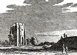 Kerk van Westenschouwen in 1743. Rechts de vliedberg.