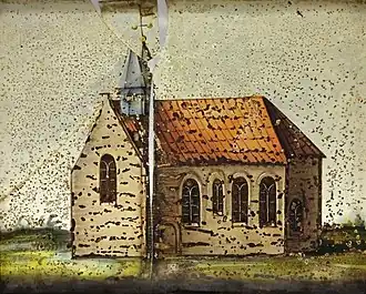 Glas-in-loodraam uit de kerk van Eenum met de beeltenis van de kerk vóór 1701, toen er een toren tegenaan gebouwd werd. Het glas werd in 1915 in bruikleen gegeven aan het Groninger Museum.