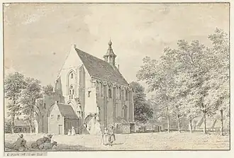 Het kerkgebouw in 1746, getekend door Cornelis Pronk. De oude kerk was groter, want enkel het koorgedeelte werd tussen 1593-1595 hersteld.
