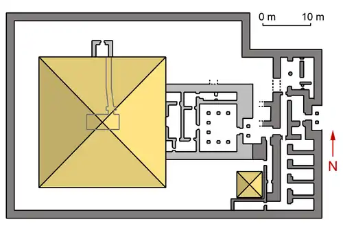 Plan van het piramidecomplex van Chentkaoes II en de tempel Lichtgrijs: eerste bouwfase Donkergrijs: tweede bouwfase