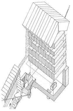 Tekening van de 'kamer om de druk te ontlasten' boven de koningskamer