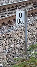De nul kilometerpaal in station Sargans. De afstanden op het hele VSB net werden gemeten ten opzichte van Sargans. Deze foto laat zien dat die meting nog steeds geldt