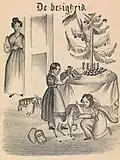 Kinderen spelen met speelgoed bij de kerstboom terwijl moeder toekijkt bij de deur, 1842