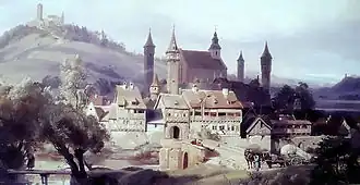 Blik op de kerkburcht van Ostheim van uit het zuiden tegen het einde van 19e eeuw – Schilderij van Carl Maria Nicolaus Hummel