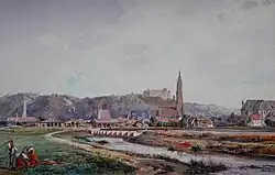 Schilderij door Albert Emil Kirchner (1813-1885) uit 1859 Gezicht op Landshut. Links is het oude station te zien.