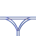 Een variant van het sterknooppunt (gerichte T-knoop), de verbindingsbogen verschillen qua aansluiting.
