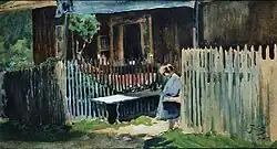 Jonge vrouw voor het huis