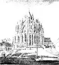 Dom met op de voorgrond de toen nog aanwezige fundamenten van de kerk (tekening van Johann Peter Weyer, 1825)