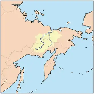 Stroomgebied van de Kolyma met haar zijrivier de Omolon aan rechterzijde