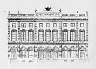 Tekening uit 1854 van het oude Koninklijk Postkantoor aan de Nieuwezijds Voorburgwal 192, afgebroken in 1897