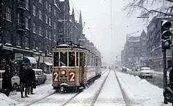 Motorwagen 522 op lijn 2 op de Amagerbrogade / Amager Boulevard; februari 1969.