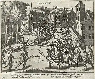 Op de markt vechten de malcontenten met het gelegerde garnizoen Schotten, links op de voorgrond Pottelsbergh (collectie: Rijksmuseum Amsterdam