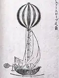 Tekening van een westerse heteluchtballon in Verschillende verhalen over de Hollanders, 1787.