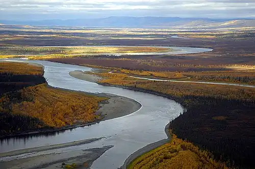 De rivier de Koyukuk vanuit de lucht in de herfst