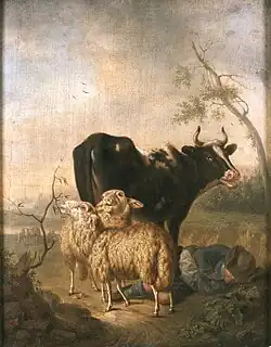 Landschap met koe en schapen, olieverf op paneel, Nationaal Museum in Krakau