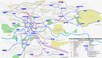 Netwerkkaart van de Tram van Kraków