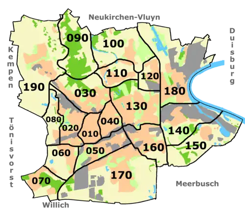 Stadsdelen van Krefeld met wijknummers