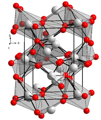 Kristalstructuur van bismut(III)oxide ■&nbsp;Bi3+ ■&nbsp;O2−
