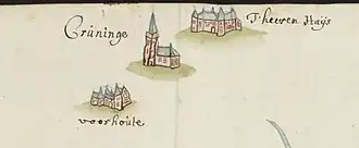 Kruiningen in de 17e eeuw. Linksonder kasteel Voorhoute, rechtsboven het kasteel van Kruiningen.