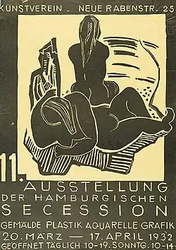 Zwart tentoonstellingsaffiche met en zwart-wit afbeelding van twee vrouwen. In witte letters de tekst: Kunstverein - Neue Rabenstr. 25 11. Ausstellung der Hamburgischen Secession Gemälde Plastik Aquarelle Grafik 20. März - 17. April 1932 Geöffnet täglich 10-19. Sonntg. 10-14