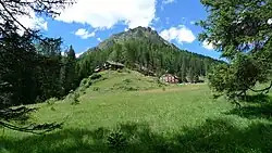 Zuort, met v.l.n.r.: kapel, Chasa Mengelberg, Drachenhaus en Hof Zuort met op de achtergrond de Piz Muranza (2641 m)