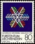 Een ontwerp van Leupin voor een Liechtensteinse postzegel t.b.v. de Olympische Winterspelen 1984