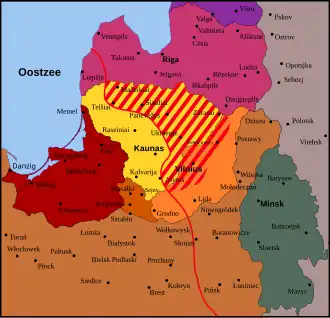 Rode lijn: front van het Rode Leger in januari 1919 Rood gearceerd: gebied, bij benadering, van de LSSR Geel: de Republiek Litouwen