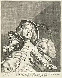 Cornelis Danckerts naar Frans Hals of Judith Leyster, Lachende jongen en meisje met kat en koekje, gravure, Rijksmuseum Amsterdam[3]