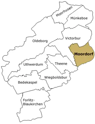 Kaart Südbrookmerland. Moordorf is gekleurd ingetekend.