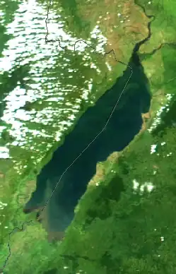 Satellietfoto van het Albertmeer. De lijn geeft de grens aan tussen Democratische Republiek Congo (links) en Oeganda (rechts)