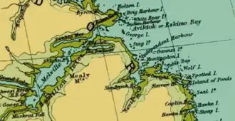 Historische kaart met centraal de Hamilton Inlet, inclusief het daarbij horende Lake Melville en Groswater Bay.