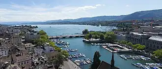 Meer van Zürich vanaf de Grossmünster met vooraan de uitstroom in de Limmat