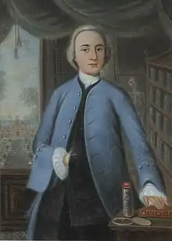 Zoon Abel Eppo van Bolhuis (Lambertus Beckeringh, 1761). Het gebouw op de achtergrond is onbekend. Een geraamte en flessen met slangen achter hem verwijzen vermoedelijk naar zijn studie medicijnen.