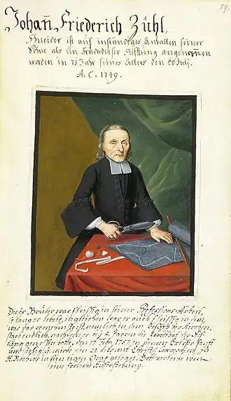 Een broeder aan het werk als kleermaker, 1749. De stof is afgetekend, een driehoekig krijtje ligt ernaast.