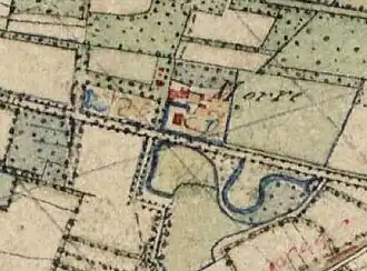 Het landgoed op een kaart uit 1847 met de inmiddels verdwenen vijverpartijen ten zuiden van het huis