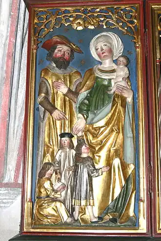 Langenzenn (Beieren). Stadskerk - Altaar van de Heilige (1508). Alfeüs en zijn vrouw Maria Cleophae met hun drie kinderen.