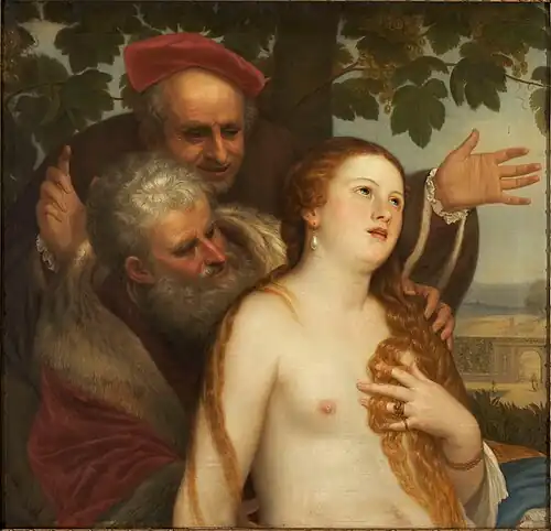 Tizians Suzanne i badet - ? Titiaans Suzanne in het bad Olieverf op doek. 83 × 80&nbsp;cm Bornholms Kunstmuseum