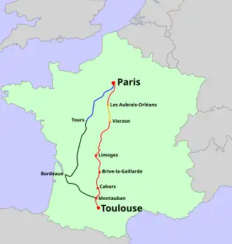 Route van de Capitole (rood) met traject voor 200 km/h (geel), route van de huidige TGV naar Toulouse (zwart), met hogesnelheidslijn (blauw)