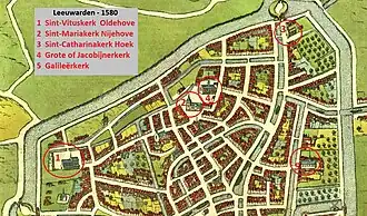 Overzicht kerken. Kaart Leeuwarden (1580)