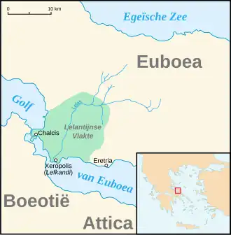 Kaart van de Lelantijnse Vlakte, het strijdtoneel van de Lelantijnse Oorlog.